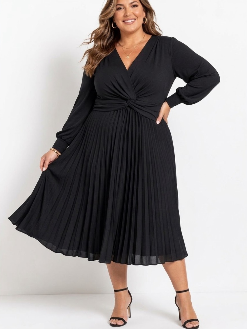 NEW Eloquii Pleaded Black Front Knot Vneck Midi Dress 20 Minimalist Elegant Fall